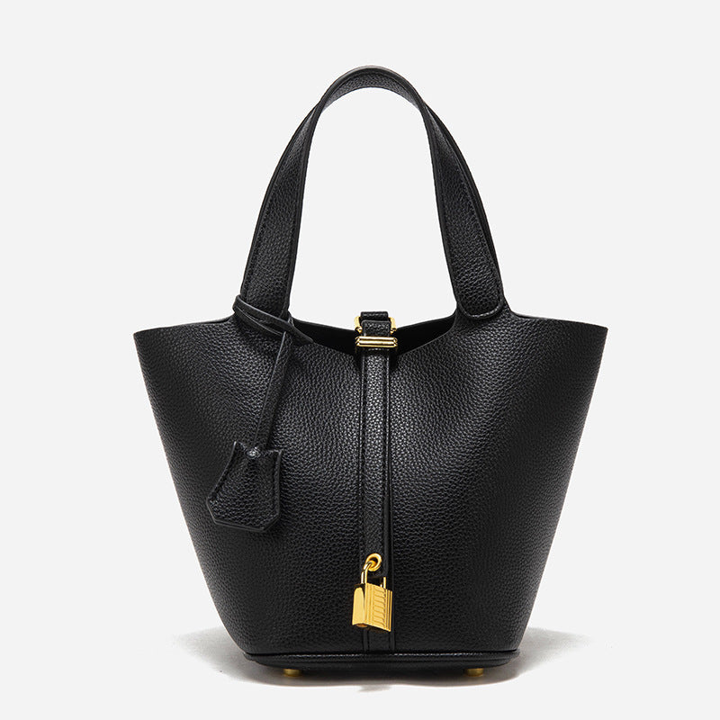 Black Elegant Women's Leather Tote Handbag with Gold Lock Detail Main image