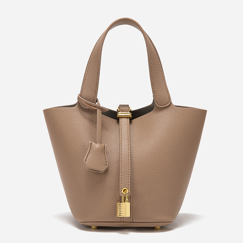 Grey Elegant Women's Leather Tote Handbag with Gold Lock Detail Main image