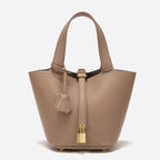 Grey Elegant Women's Leather Tote Handbag with Gold Lock Detail