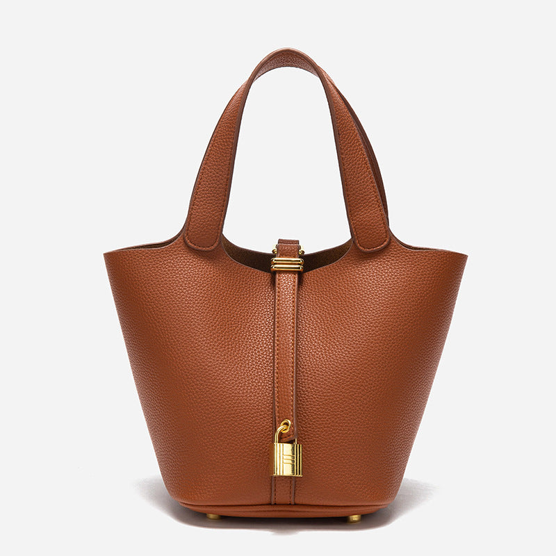 Brown Elegant Women's Leather Tote Handbag with Gold Lock Detail Main image
