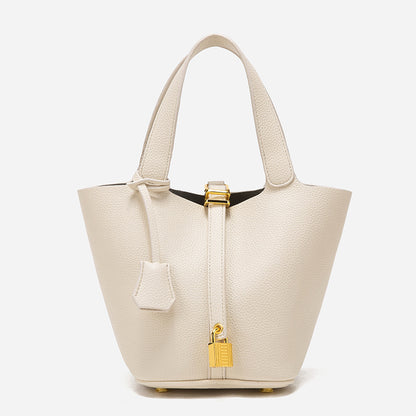 Beige Elegant Women's Leather Tote Handbag with Gold Lock Detail