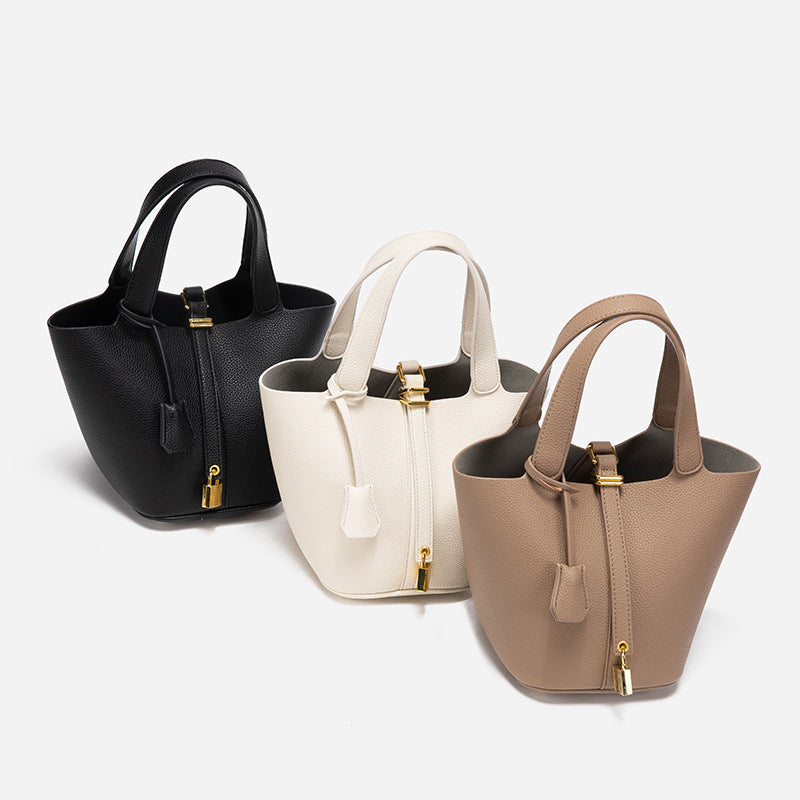 Beige Elegant Women's Leather Tote Handbag with Gold Lock Detail Secondary image