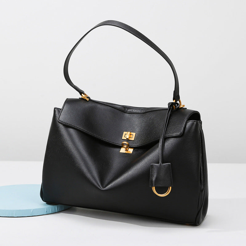 Elegant Black Leather Handbag with Gold Accents - Versatile Shoulder and Hand Carry Main image