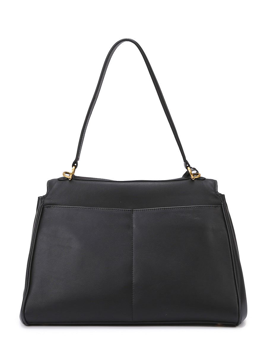 Elegant Black Leather Handbag with Gold Accents - Versatile Shoulder and Hand Carry Secondary image