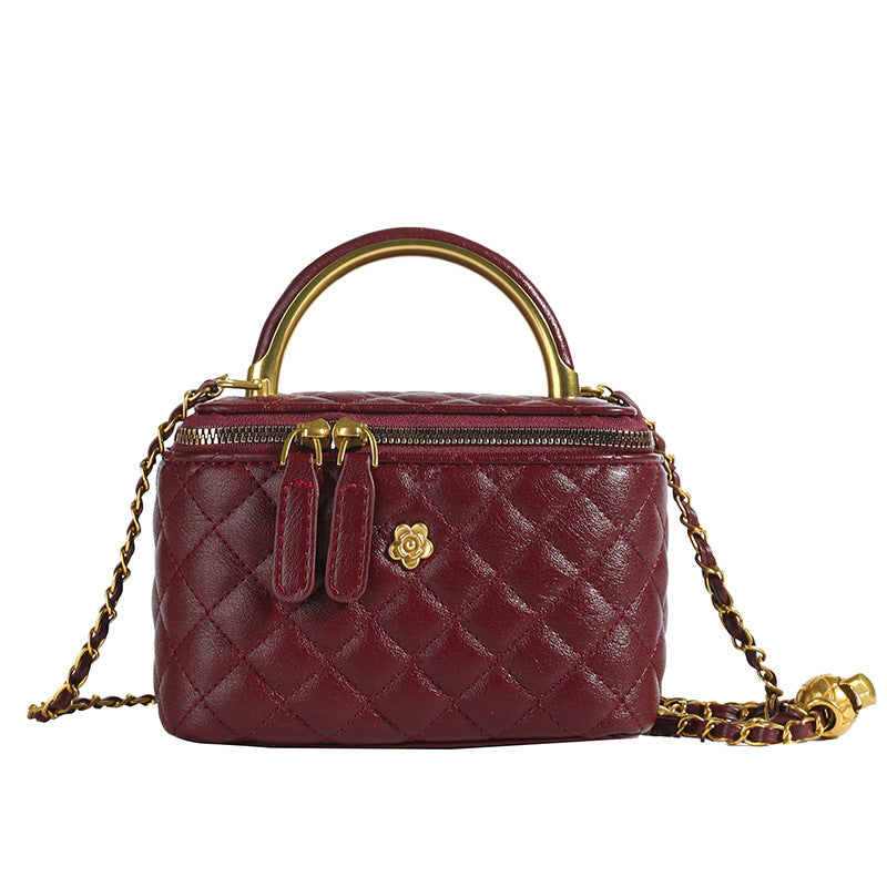 Wine Red Luxury Quilted Mini Box Handbag with Chain Strap and Metal Handle - Elegant Evening Purse Main image