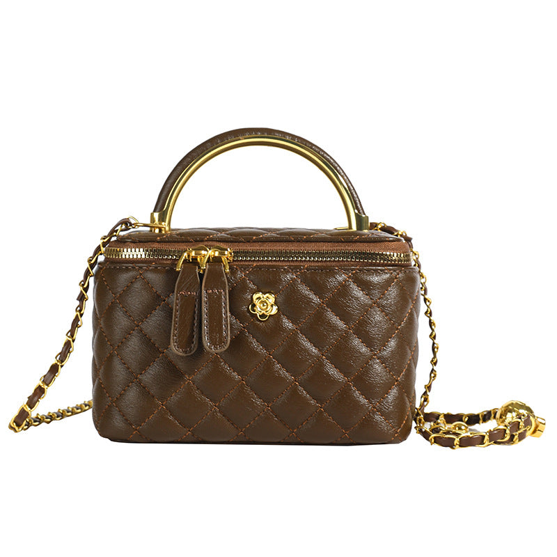 Brown Luxury Quilted Mini Box Handbag with Chain Strap and Metal Handle - Elegant Evening Purse Main image