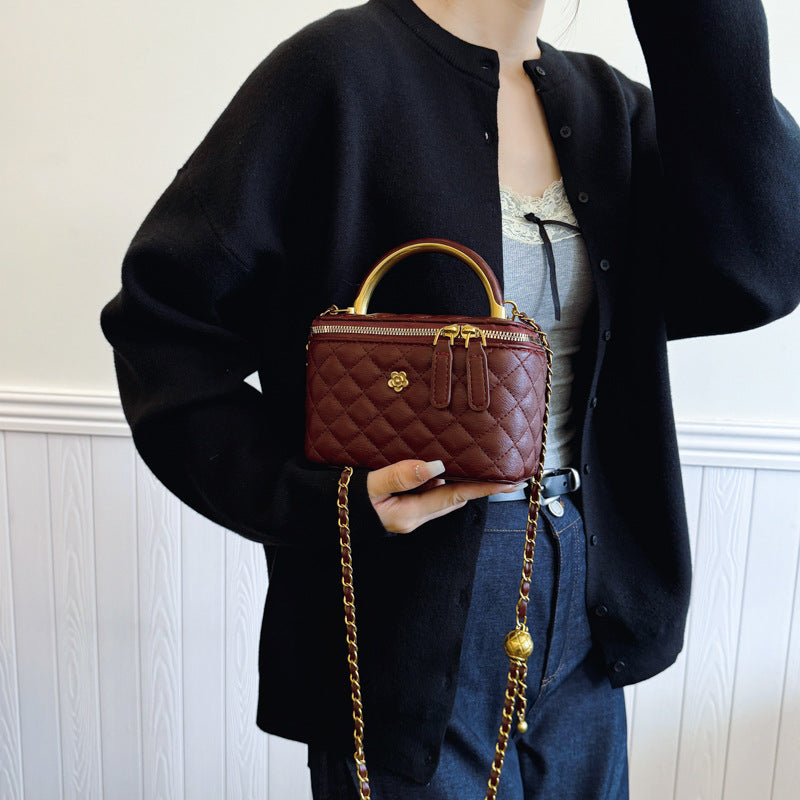 Brown Luxury Quilted Mini Box Handbag with Chain Strap and Metal Handle - Elegant Evening Purse Secondary image