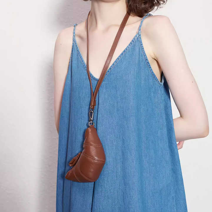 Brown Cute Crossbody Coin Purse | Mini Croissant Design Shoulder Bag | Small PU Leather Portable Makeup & Earphone Pouch Main image