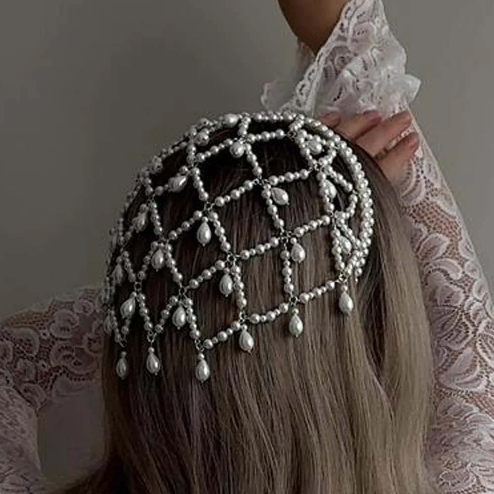 Silver Bohemian Pearl Net Headband ��� Vintage Mesh Hair Accessory for Women | Elegant Faux Pearl Bridal Hairpiece