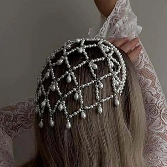 Silver Bohemian Pearl Net Headband ��� Vintage Mesh Hair Accessory for Women | Elegant Faux Pearl Bridal Hairpiece