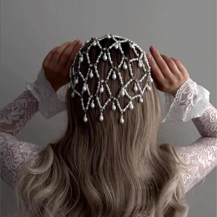 Silver Bohemian Pearl Net Headband ��� Vintage Mesh Hair Accessory for Women | Elegant Faux Pearl Bridal Hairpiece