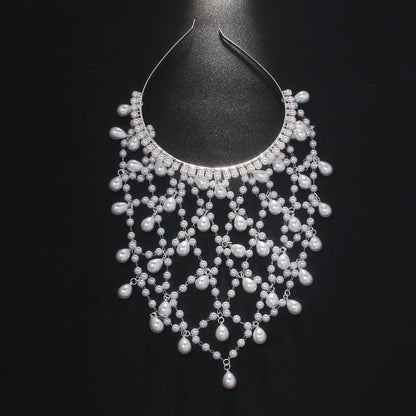 Silver Bohemian Pearl Net Headband ��� Vintage Mesh Hair Accessory for Women | Elegant Faux Pearl Bridal Hairpiece