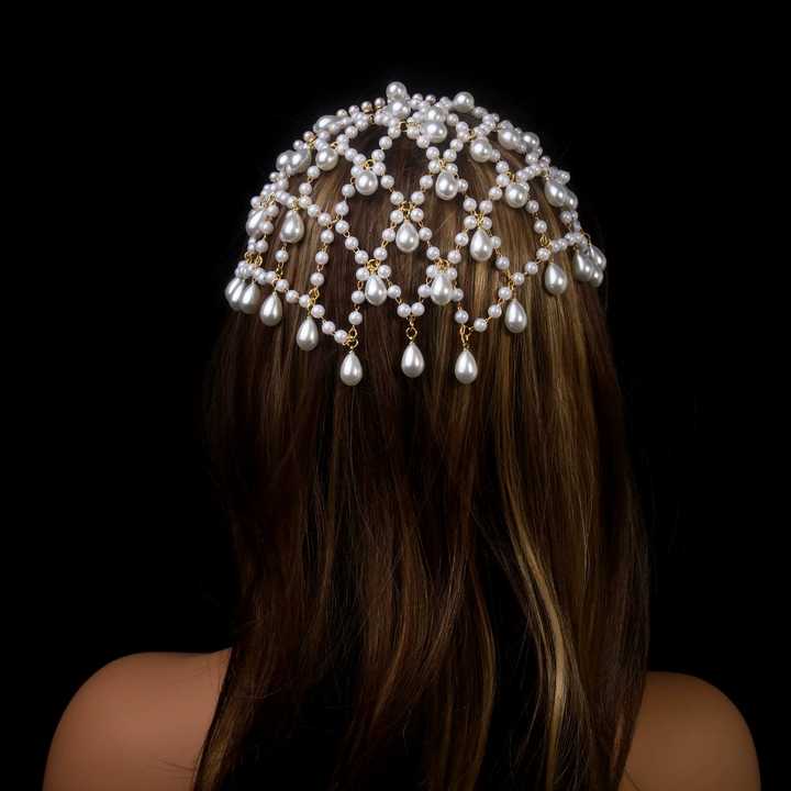 Gold Bohemian Pearl Net Headband - Vintage Mesh Hair Accessory for Women | Elegant Faux Pearl Bridal Hairpiece Main image