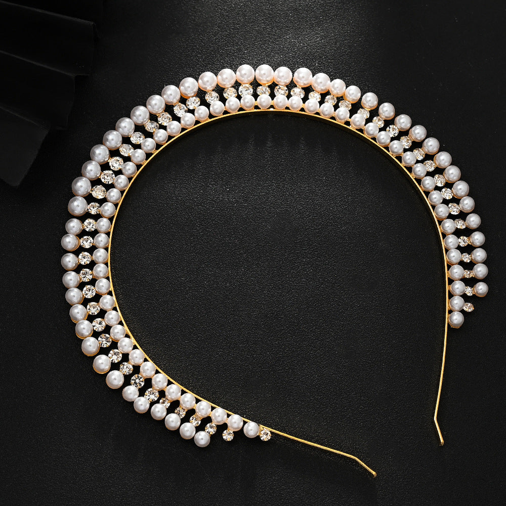 Gold Elegant Faux Pearl Bridal Headband - Multi-Layer Vintage Princess Tiara for Weddings and Formal Occasions, Lightweight Design Main image