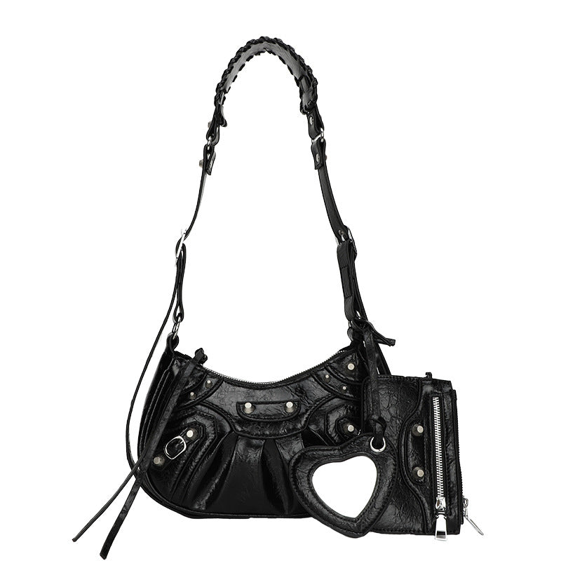 Black Vintage Rivet Crescent Moon Bag with Card Holder & Mirror, French Retro PU Leather Shoulder & Crossbody Motorcycle Bag for Women Main image