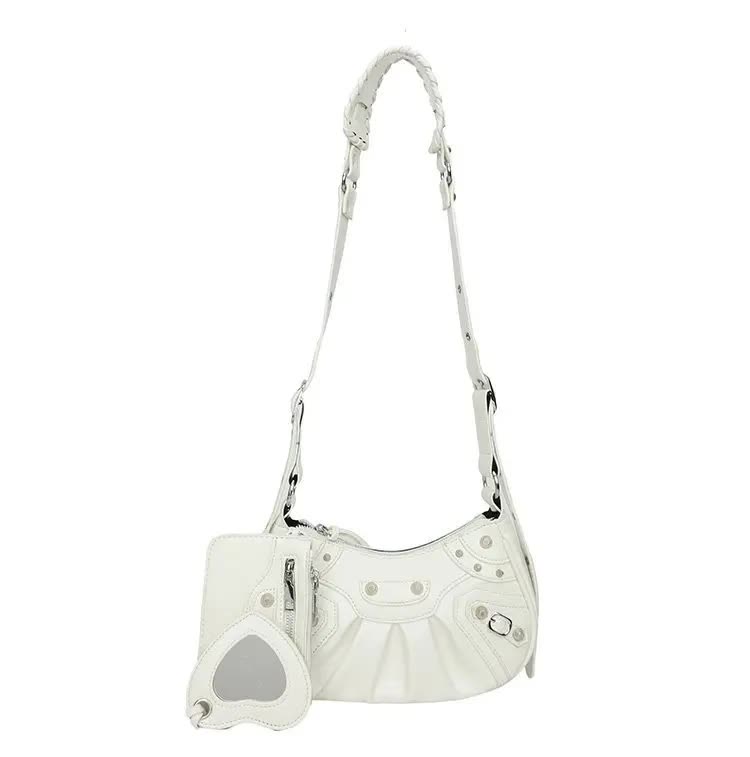 White Vintage Rivet Crescent Moon Bag with Card Holder & Mirror, French Retro PU Leather Shoulder & Crossbody Motorcycle Bag for Women Main image