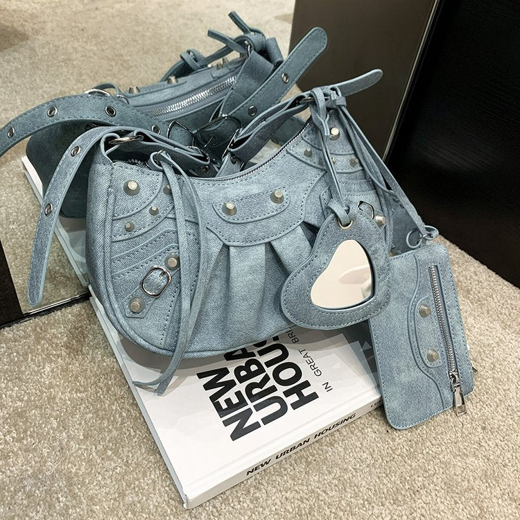 Blue Vintage Rivet Crescent Moon Bag with Card Holder & Mirror, French Retro PU Leather Shoulder & Crossbody Motorcycle Bag for Women Main image