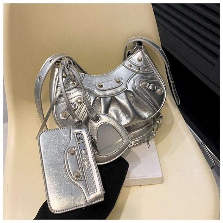 Silver Vintage Rivet Crescent Moon Bag with Card Holder & Mirror, French Retro PU Leather Shoulder & Crossbody Motorcycle Bag for Women Main image