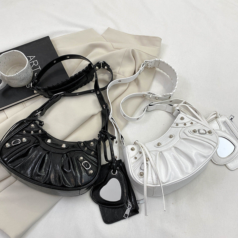 Silver Vintage Rivet Crescent Moon Bag with Card Holder & Mirror, French Retro PU Leather Shoulder & Crossbody Motorcycle Bag for Women Secondary image