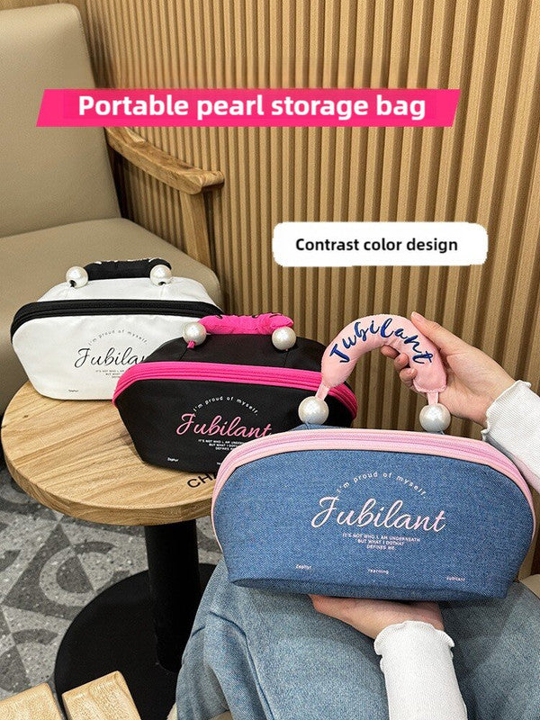 White Patchwork Black Portable Waterproof Color Block Makeup Bag with Pearl Handle, Large Capacity Cosmetic Storage Organizer for Travel and Daily Use Secondary image