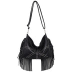 Black Trendy Rivet Fringe Shoulder Bag ��� Large Capacity Soft Leather Handbag for Women, Perfect for Travel and Leisure