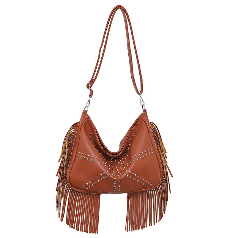 Brown Trendy Rivet Fringe Shoulder Bag - Large Capacity Soft Leather Handbag for Women, Perfect for Travel and Leisure Main image