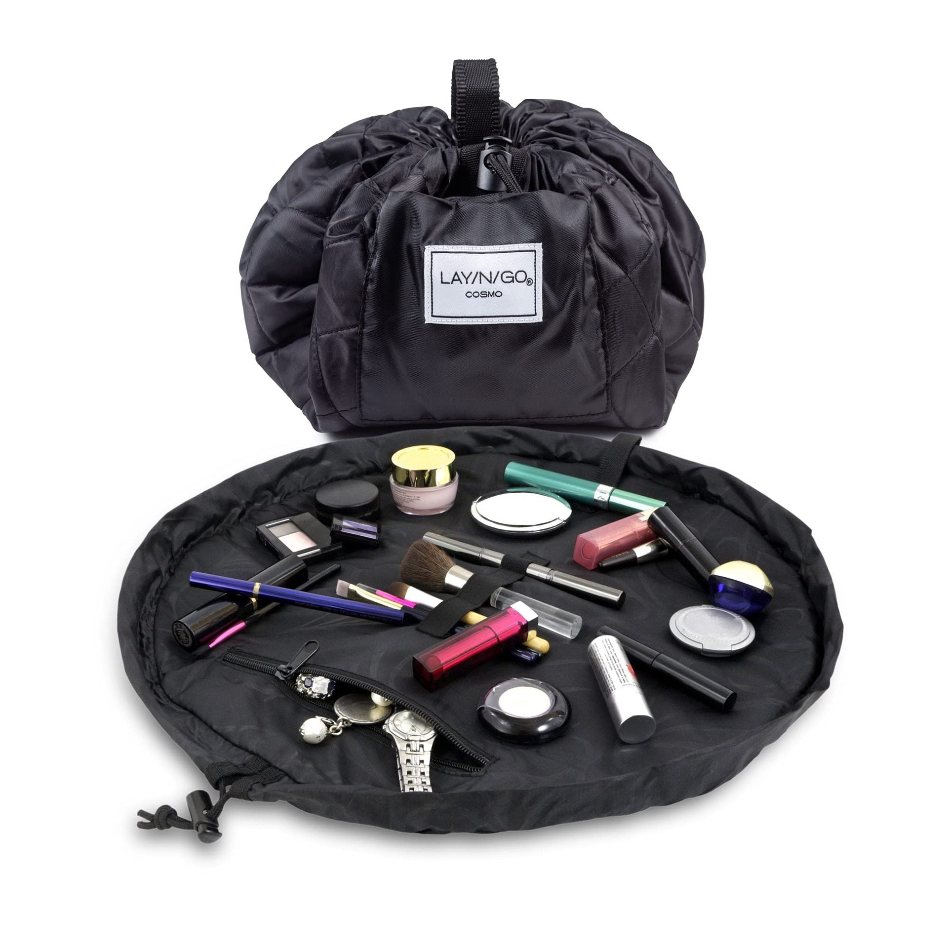 Black Portable Drawstring Cosmetic Storage Bag for Travel and Daily Use(Cosmetics pictured are photo props and are not included) Main image