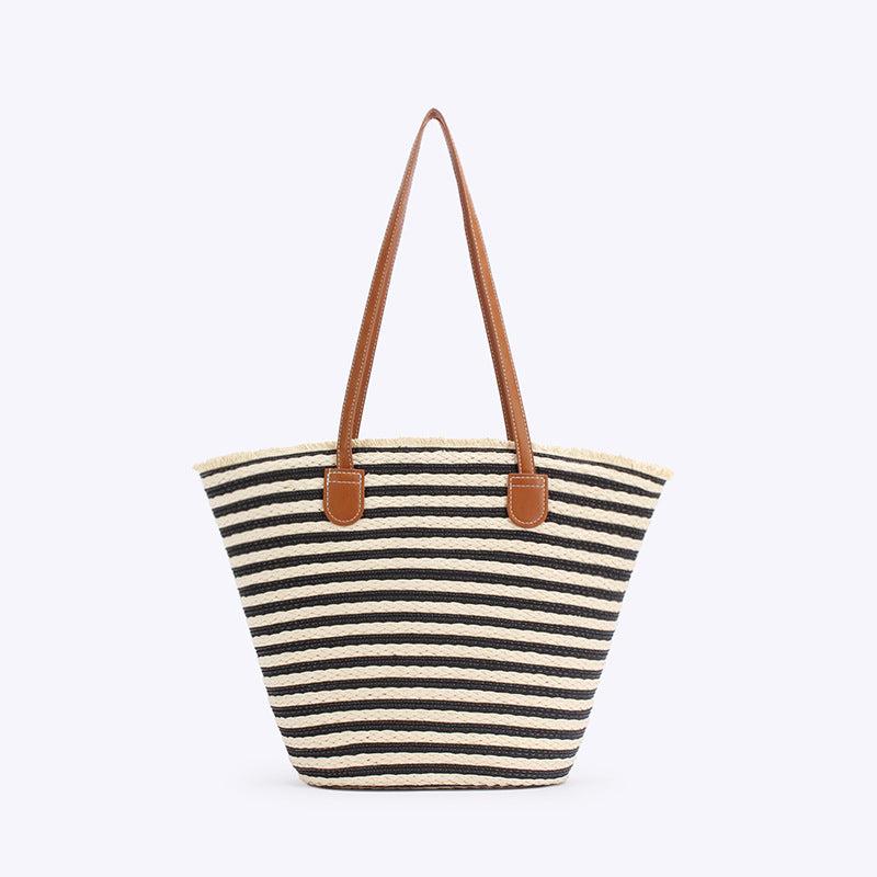 Black And White Stripes Handmade Large Capacity Striped Beach Tote Bag with Zipper and Inner Pocket - Summer Vacation Woven Shoulder Bag for Women Main image