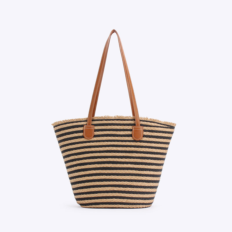 Black And Brown Stripes Handmade Large Capacity Striped Beach Tote Bag with Zipper and Inner Pocket - Summer Vacation Woven Shoulder Bag for Women Main image
