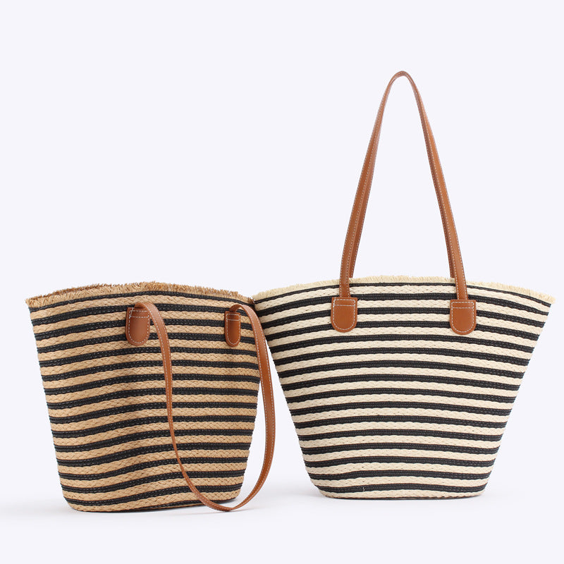 Black And Brown Stripes Handmade Large Capacity Striped Beach Tote Bag with Zipper and Inner Pocket - Summer Vacation Woven Shoulder Bag for Women Secondary image