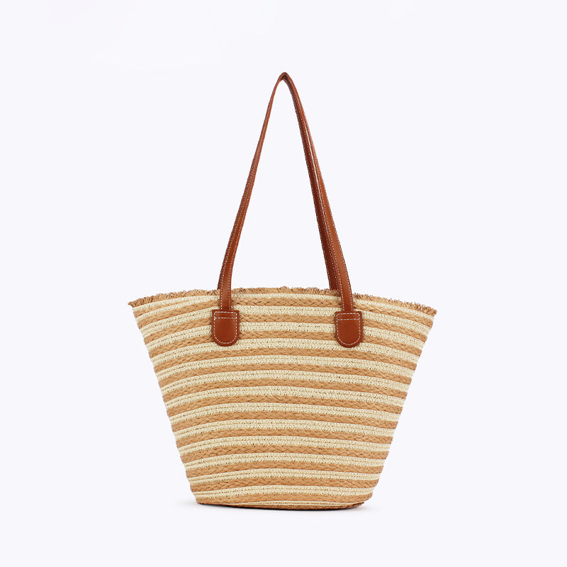 White And Yellow Stripes Handmade Large Capacity Striped Beach Tote Bag with Zipper and Inner Pocket - Summer Vacation Woven Shoulder Bag for Women Main image