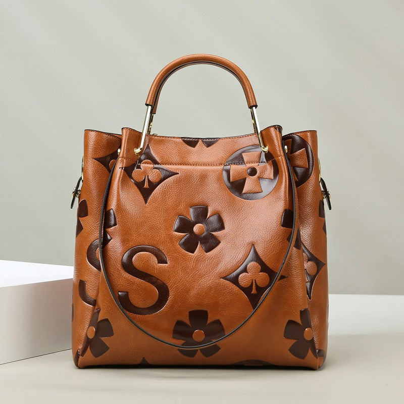 Brown Elegant Embossed PU Leather Tote Bag for Women - Large Capacity Handbag with Inner Pouch Main image