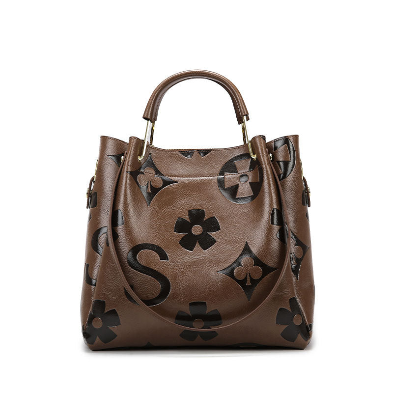 Dark Brown Elegant Embossed PU Leather Tote Bag for Women - Large Capacity Handbag with Inner Pouch Main image