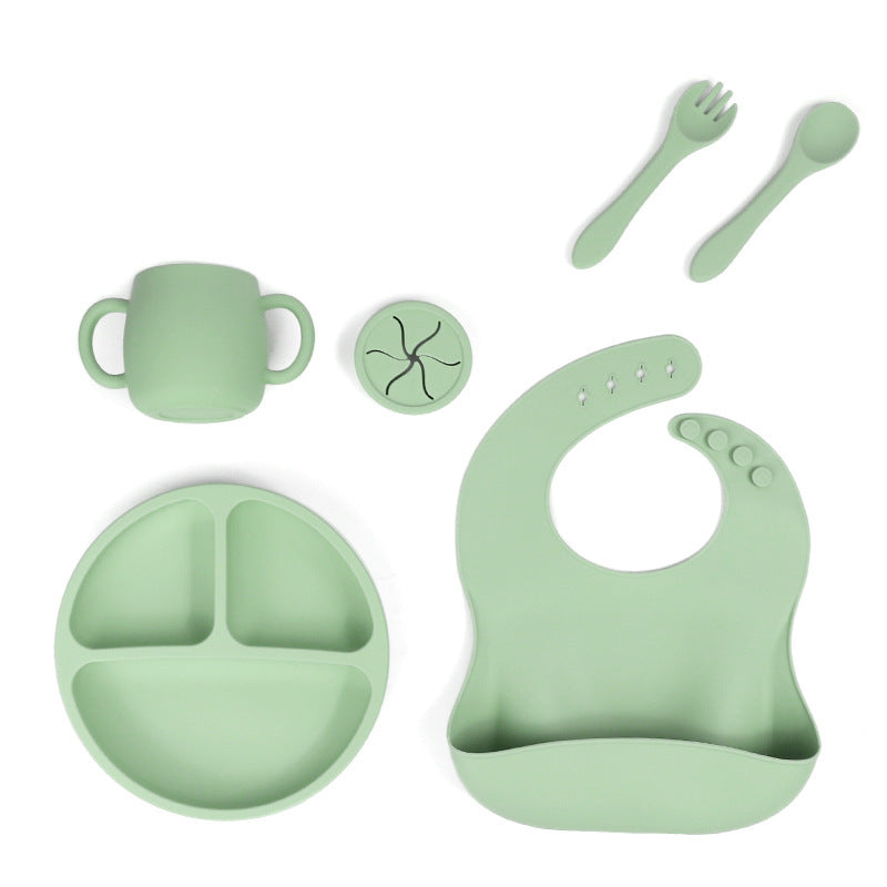 Green 095# Silicone Baby Feeding Set - Suction Plate, Bib, Cup & Utensils | BPA-Free Baby Tableware Main image