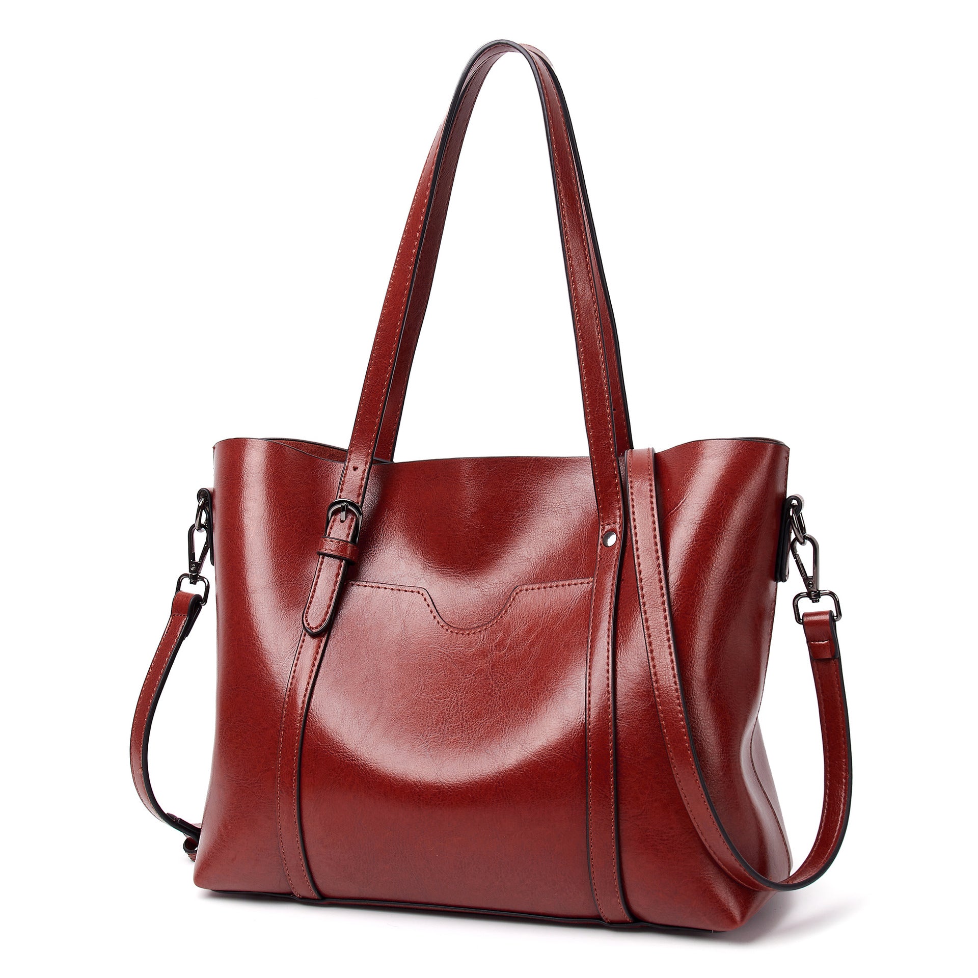 Elegant PU Leather Tote Bag with Detachable Strap - Wine Red Main image