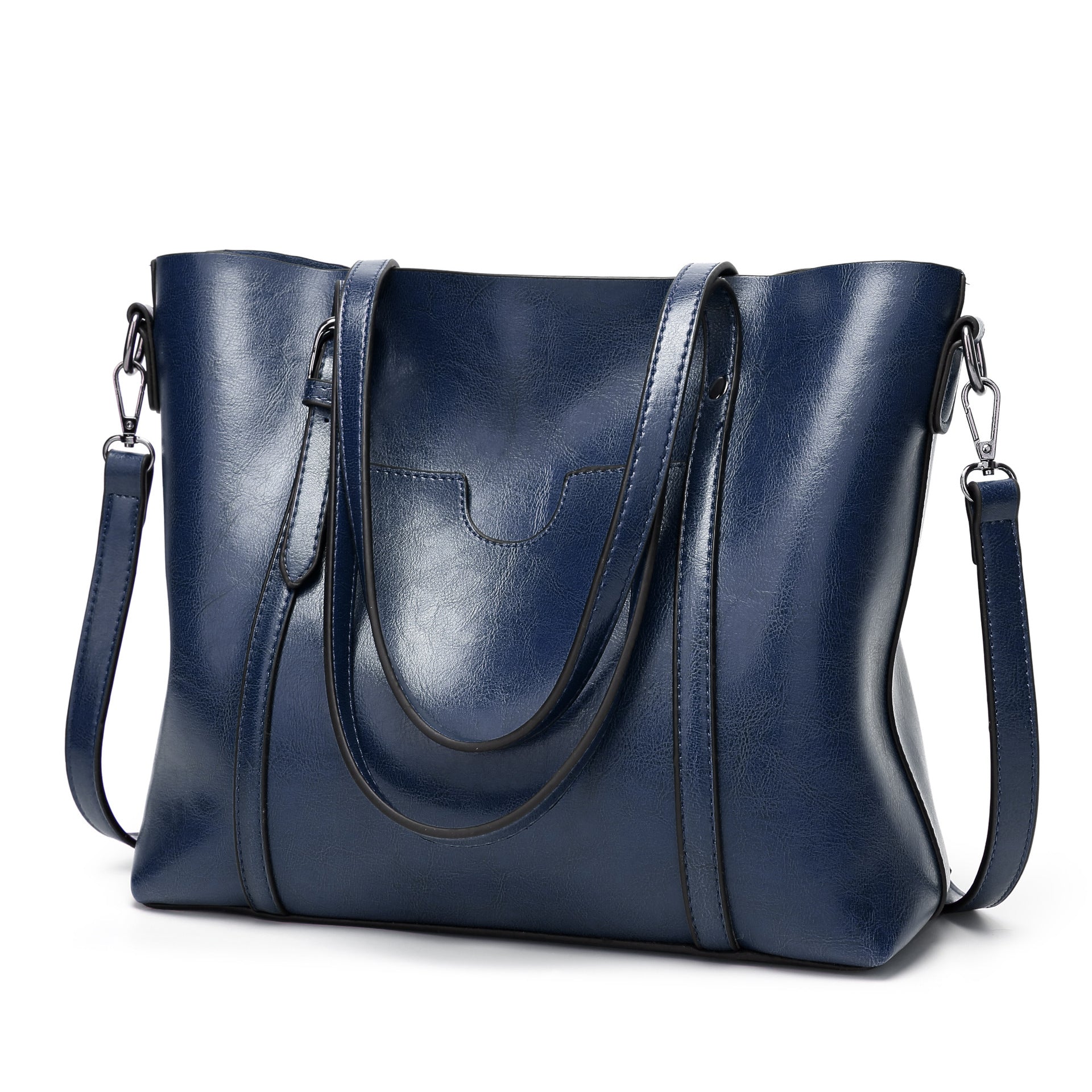 Elegant PU Leather Tote Bag with Detachable Strap - Dark Blue Main image