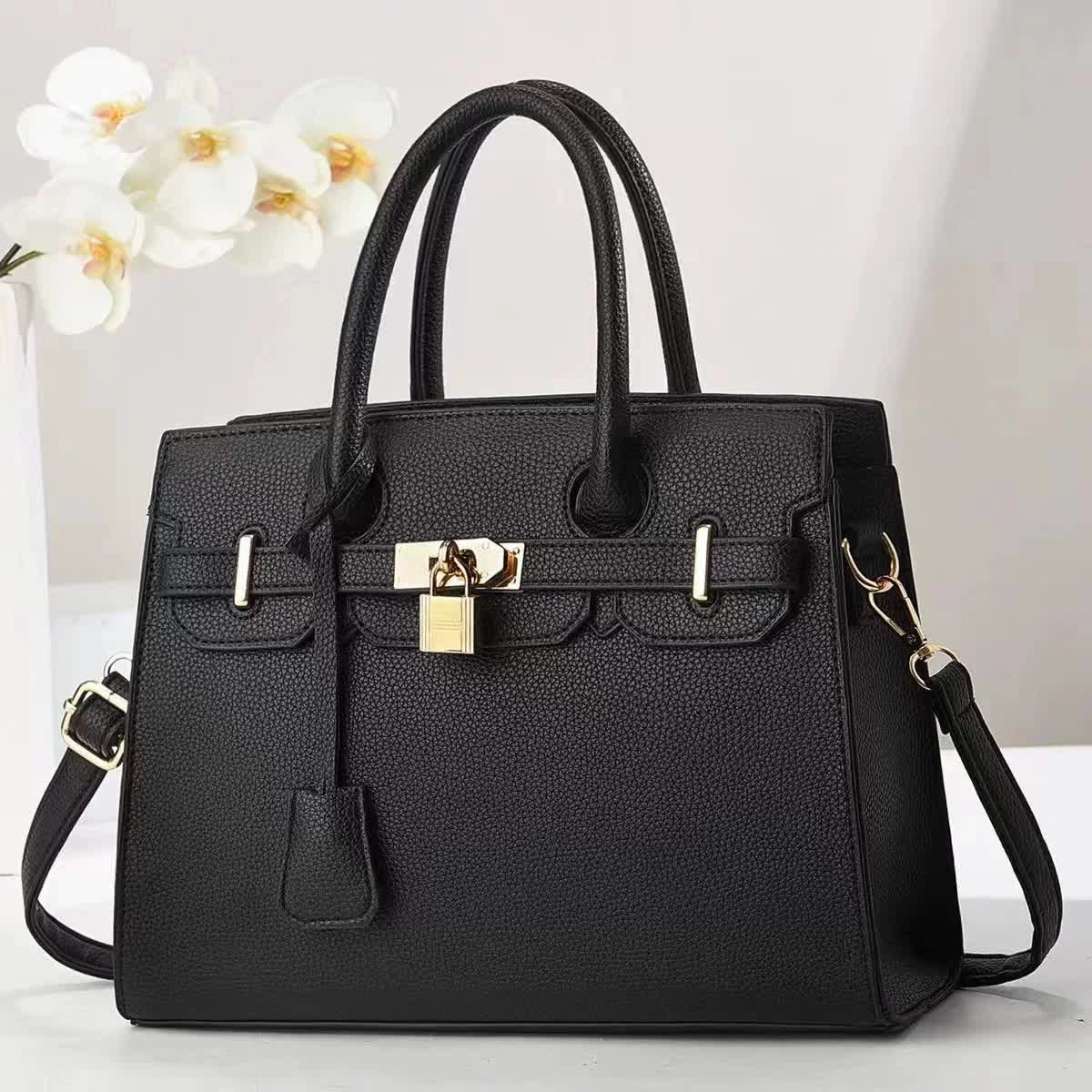 Black Elegant PU Leather Handbag with Lock Decoration - Structured Tote Bag for Women Main image