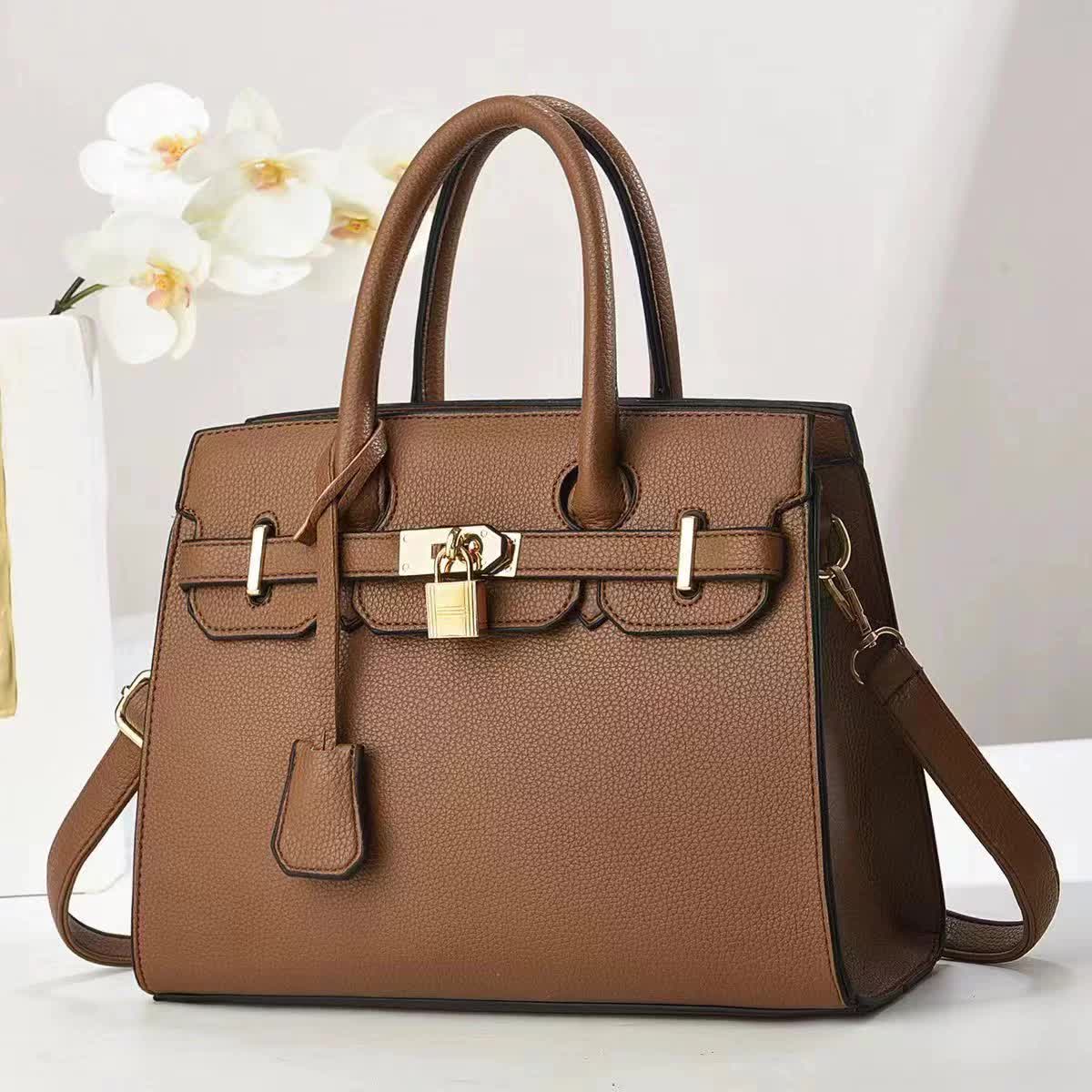 Coffee Elegant PU Leather Handbag with Lock Decoration - Structured Tote Bag for Women Main image