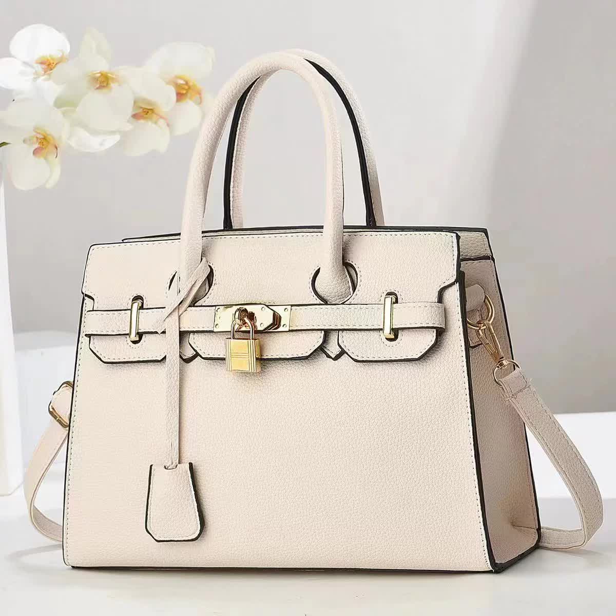 Off-white Elegant PU Leather Handbag with Lock Decoration - Structured Tote Bag for Women Main image