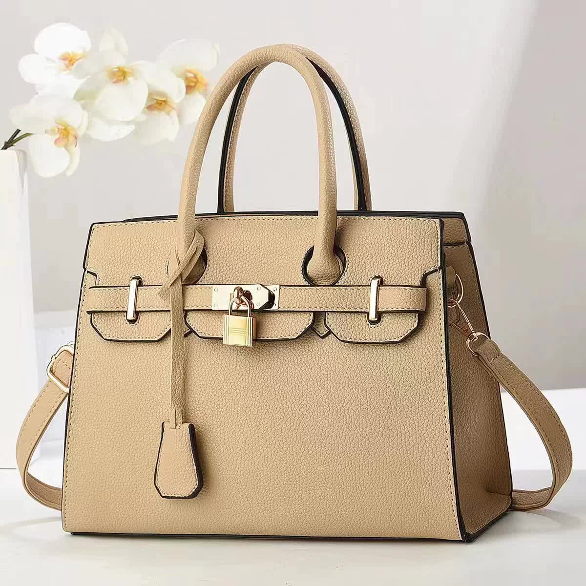 Khaki Elegant PU Leather Handbag with Lock Decoration - Structured Tote Bag for Women Main image