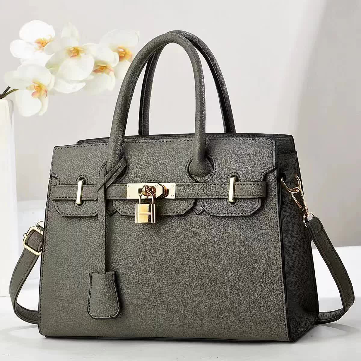 Gray Elegant PU Leather Handbag with Lock Decoration - Structured Tote Bag for Women Main image