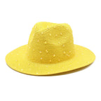 Yellow Women's Wide-Brim Straw Hat with Rhinestones - Elegant and Breathable Sun Hat for Summer Outdoors,M���56-58cm���