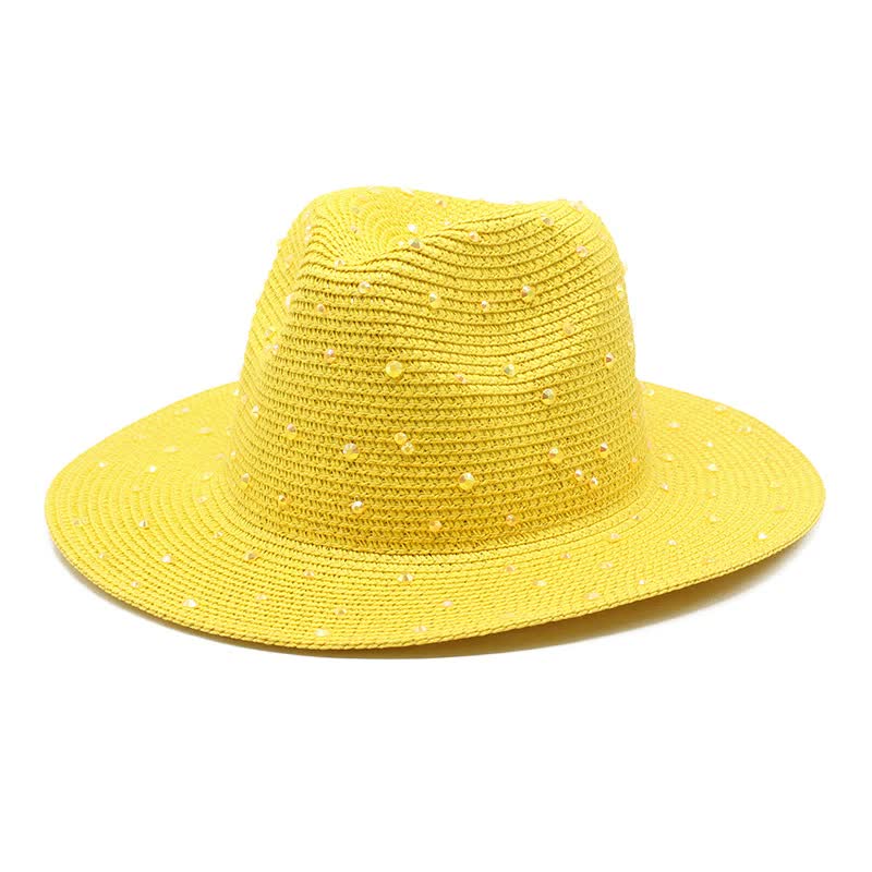 Yellow Women's Wide-Brim Straw Hat with Rhinestones - Elegant and Breathable Sun Hat for Summer Outdoors,M���56-58cm���