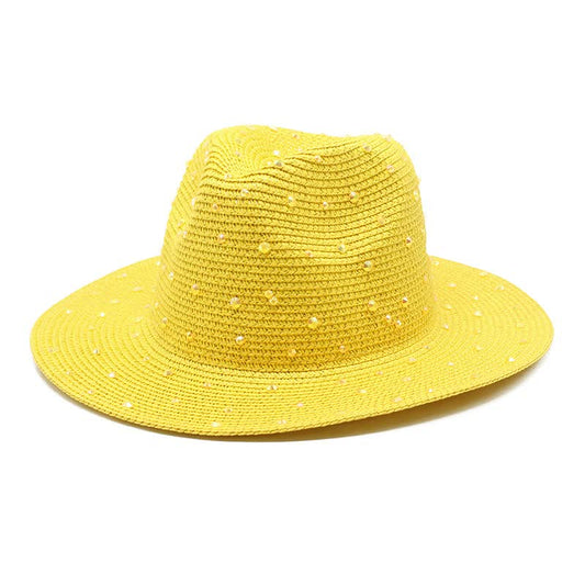 Yellow Women's Wide-Brim Straw Hat with Rhinestones - Elegant and Breathable Sun Hat for Summer Outdoors,M���56-58cm���