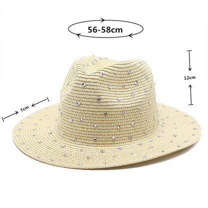 Yellow Women's Wide-Brim Straw Hat with Rhinestones - Elegant and Breathable Sun Hat for Summer Outdoors,M���56-58cm���