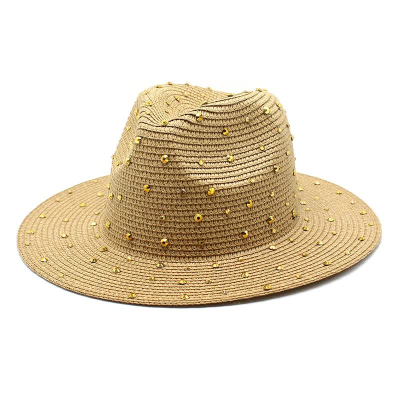 Khaki Women's Wide-Brim Straw Hat with Rhinestones - Elegant and Breathable Sun Hat for Summer Outdoors,M(56-58cm) Main image