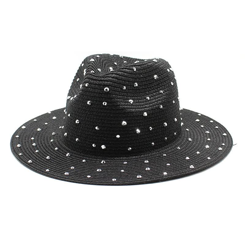 Black Women's Wide-Brim Straw Hat with Rhinestones - Elegant and Breathable Sun Hat for Summer Outdoors,M(56-58cm) Main image