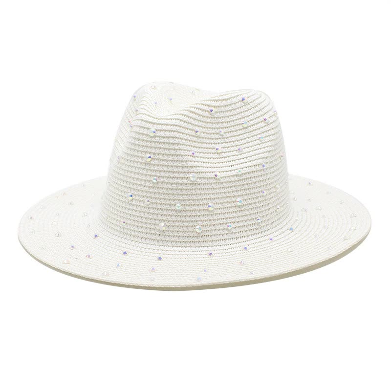 White Women's Wide-Brim Straw Hat with Rhinestones - Elegant and Breathable Sun Hat for Summer Outdoors,M(56-58cm) Main image
