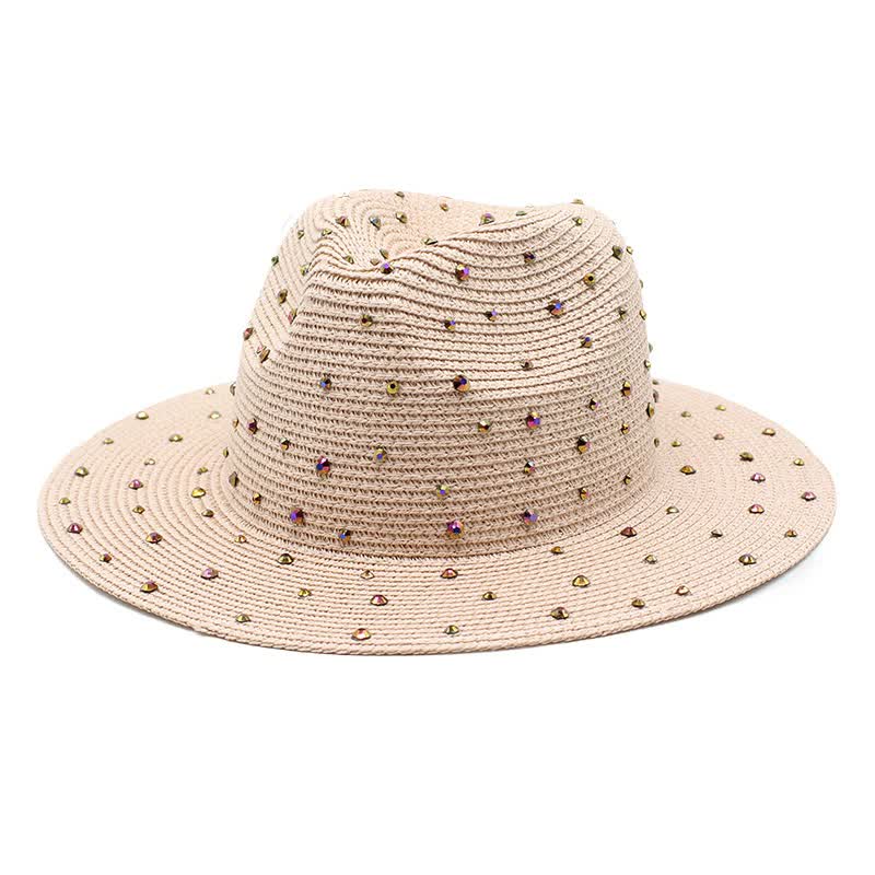 Pink Women's Wide-Brim Straw Hat with Rhinestones - Elegant and Breathable Sun Hat for Summer Outdoors,M(56-58cm) Main image