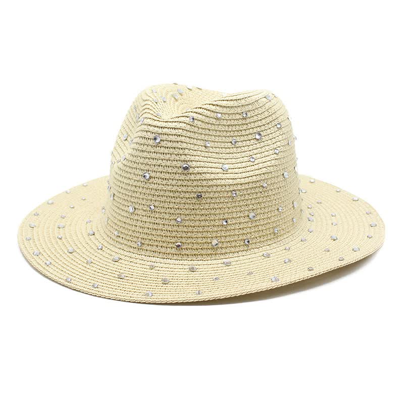 Beige Women's Wide-Brim Straw Hat with Rhinestones - Elegant and Breathable Sun Hat for Summer Outdoors,M(56-58cm)
